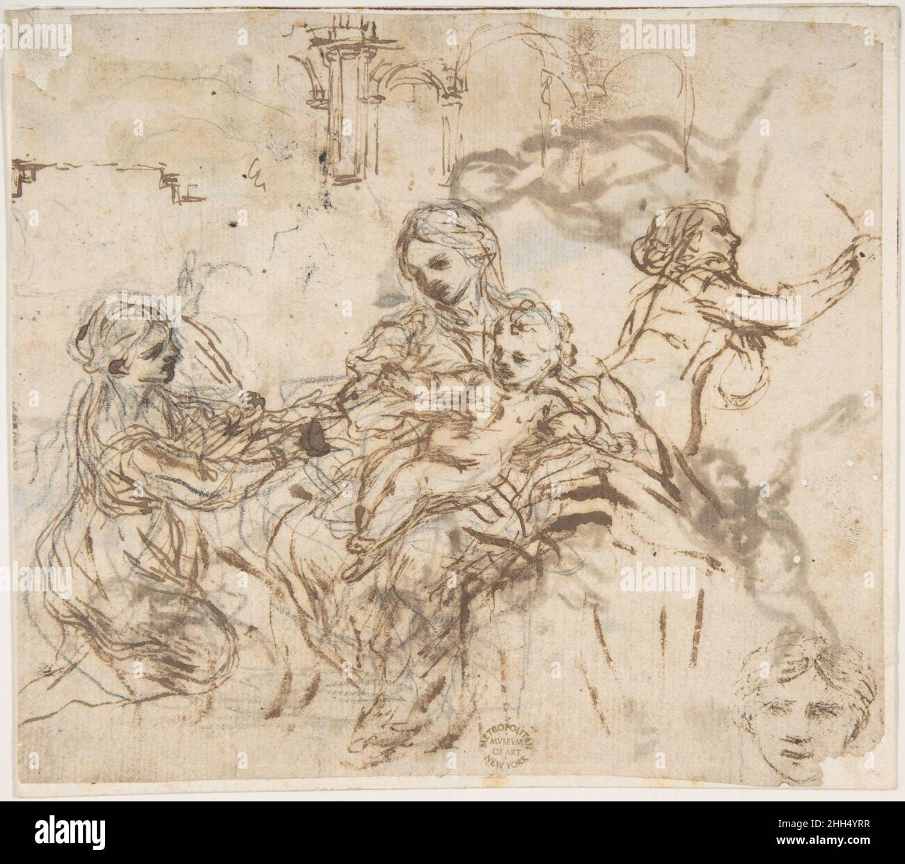 La Vierge et l'enfant avec Saint Martina, une autre étude de Saint Martina, études d'une tête, et d'une Arcade (recto);Figure Studies (verso) 1596–1669 Pietro da Cortona (Pietro Berrettini) Italien le martyr romain Saint Martina, s'agenouillant devant la Vierge et sur le point de recevoir une fleur du Christ enfant, était un sujet fréquemment peint par Cortona.C'est au cours des fouilles pour la crypte de l'église de l'Académie de Saint Luc à Rome que le corps de Saint Martina a été découvert.À l'époque, Cortona était l'architecte de l'église construite sur ce site entre 1635 et 1650 (whi Banque D'Images