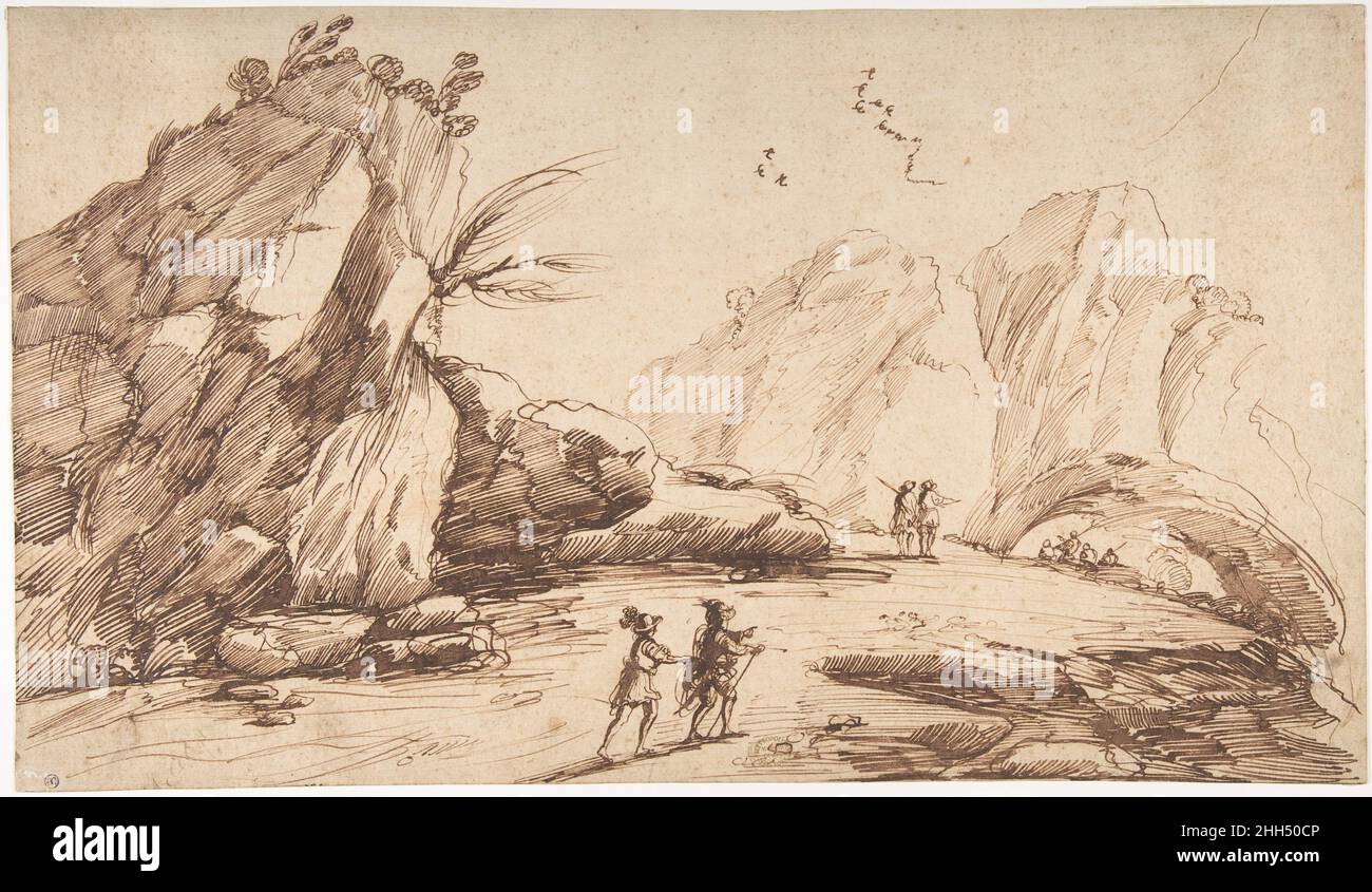 Paysage rocheux avec huit figures 1750–80 imitateur de Guercino (Giovanni Francesco Barbieri) Italien ce dessin de paysage et trois autres aussi dans la collection du Musée (nos inv. 17.97.17; 37.165.99;Et 37.165.108) sont des exemples typiques et compétents du travail du forger (ou forgers) de dessins de paysage par Guercino qui a probablement travaillé en Italie pendant la seconde moitié du 18th siècle.Les quatre feuilles sont exécutées dans une encre épaisse, pâteuse, rouge-marron foncé qui est la marque de telles forgeries.Ces dessins sont parfois des copies directes après les dessins par Guercino ou par fax reproducti Banque D'Images