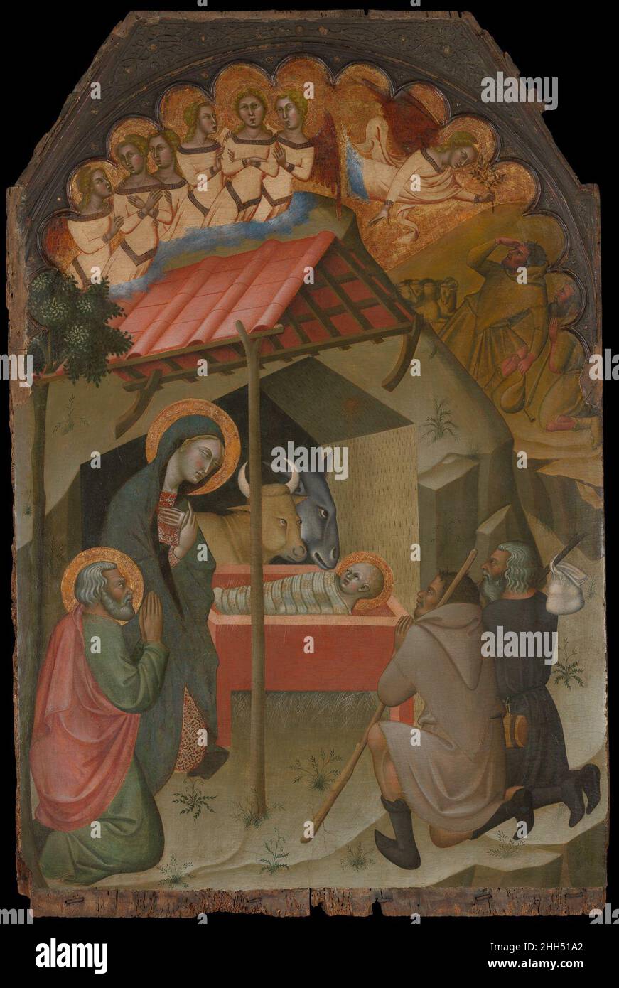 L'adoration des bergers 1374 Bartolo di Fredi Italien autrefois panneau central d'un retable, ce tableau représente simultanément l'adoration de l'enfant Christ et l'Annonciation aux bergers, montré dans le coin supérieur droit.Pour créer des relations spatiales claires, l'artiste a utilisé des plans qui se chevauchent et une perspective audacieuse, si naïve, plus évidente dans le toit de projection de l'écurie.Le cadre du récit combine la tradition byzantine de représenter l'adoration dans une grotte avec l'iconographie occidentale d'une écurie.Ce panneau peut avoir été flanqué d'un seul panneau dépic Banque D'Images