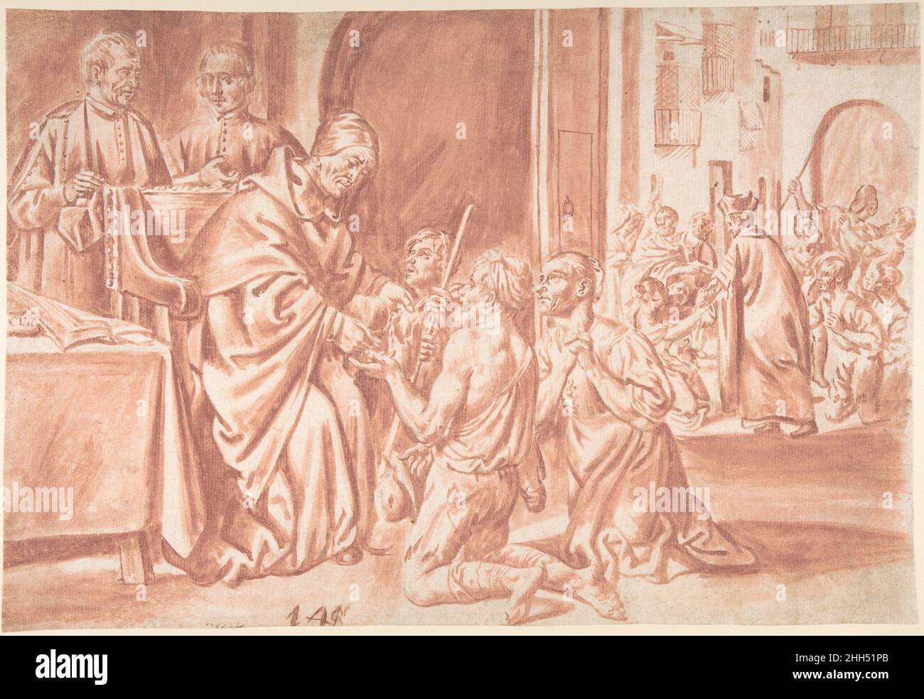 Thomas de Villanova, archevêque de Valence distribuant des almes aux pauvres ca.1620–45 Pedro Orrente Espagnol Pedro Orrente travaille principalement à Valence et dans les environs.Il est surtout connu pour ses grands dessins exécutés en lavage rouge, dont c'est un bel exemple.Thomas de Villanova (1488–1555) était un frère espagnol de l'ordre des Augustins.En raison de ses nombreux actes de charité, il est connu comme le « père des pauvres ».Ici, Villanova est montré distribuant des almes à ceux qui s'agenouillent avant lui.Il est de nouveau représenté à droite en exécutant un acte similaire.Le dessin n'est pas lié à une peinture connue et semble le faire Banque D'Images