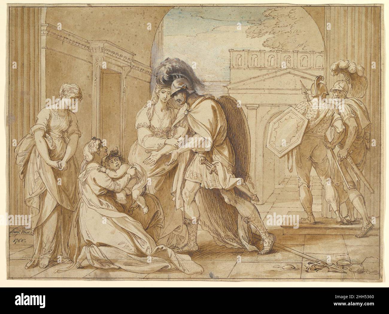 Hector prenant congé d'Andromache: La Fright d'Astyanax 1766 Benjamin Ouest américain inspiré par le livre 6 de l'Iliad, l'Ouest montre le prince de Troie Hector armé pour combattre les Grecs assiégants.Sa femme Andromache se accroche au bras de son mari et son fils qui est nourrisson se rétracte du casque de son père.Rigoureusement dessiné, et fortement ombré dans le lavage et l'aquarelle, le dessin se rapporte à une peinture, maintenant perdue, exposée en 1767.Le sujet antique chargé émotionnellement répond au goût néoclassique qui a captivé les artistes et les esthètes à Rome, Paris et Londres à cette époque.Ouest--un Quak de Pennsylvanie Banque D'Images