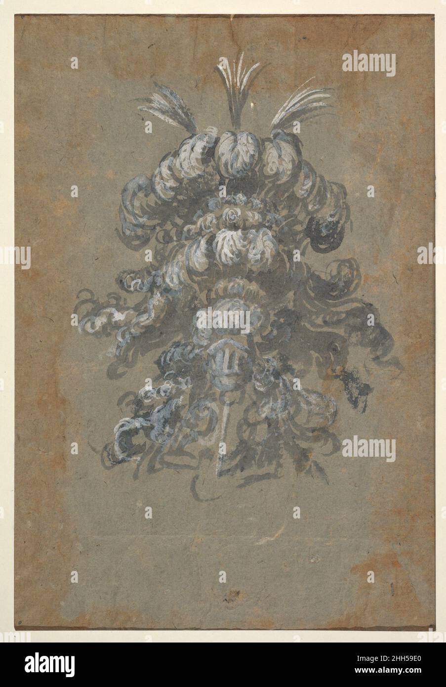 Design pour un somptueux Headdress avec des plumes sur un casque (vue frontale) CA.1620–56 peut-être par Baccio del Bianco Italian Design for a headdress, montré de l'avant.L'adresse est composée de trois niveaux de plumes extrêmement grandes et est surmontée de trois plumes.Design pour un somptueux Headdress avec des plumes sur un casque (vue frontale) 410330 Banque D'Images