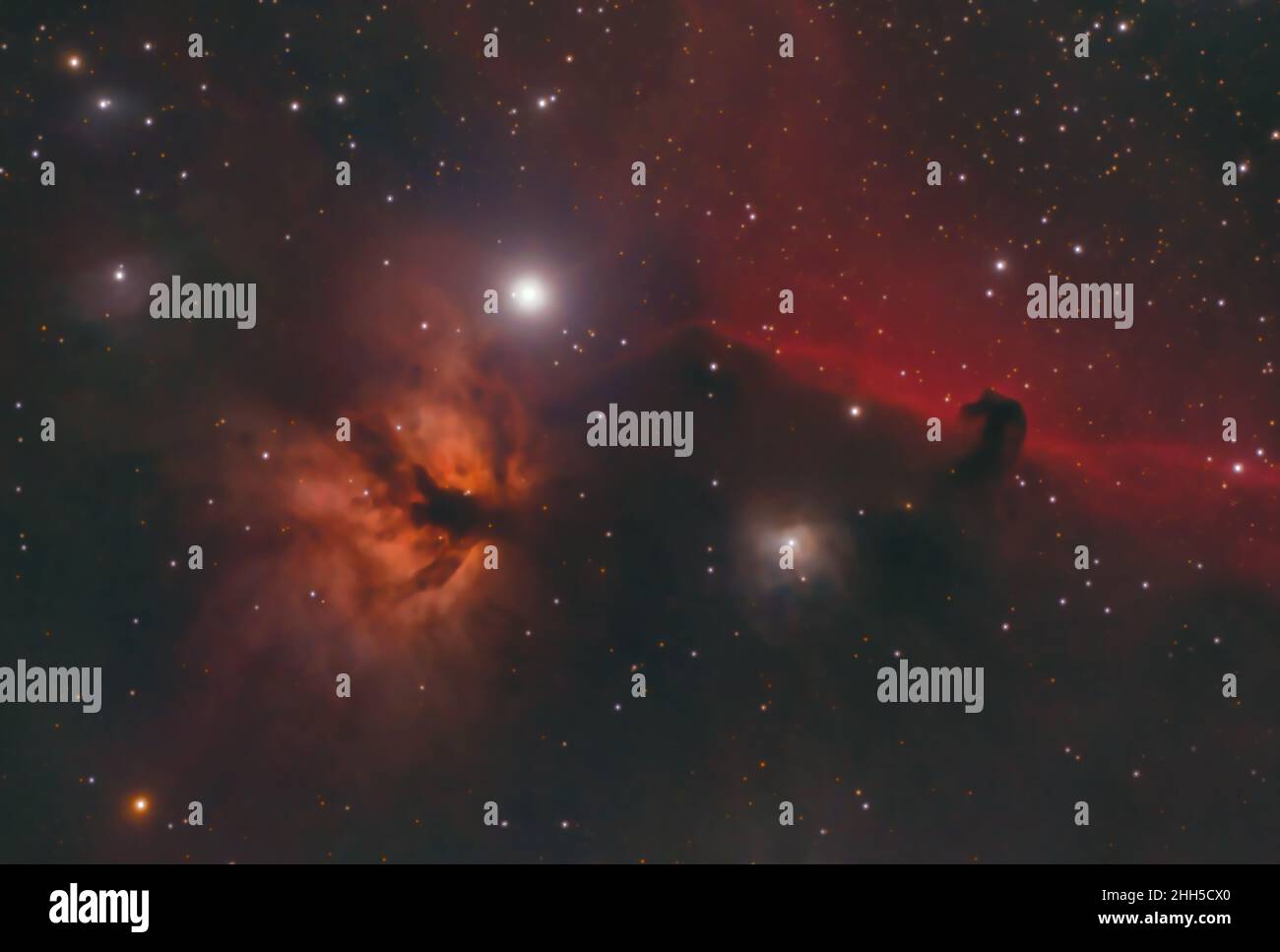 La Horsehead & Flame Nebula dans la Constellation d'Orion. L'étoile d'Alnitak est également visible. Photographié sous Bortle 6 étoiles du Royaume-Uni Banque D'Images