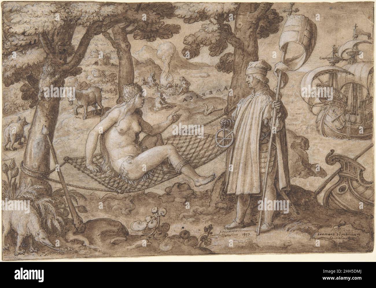 Allégorie de l'Amérique ca.1587–89 Jan van der Straet, appelé Stradanus Netherlandish ce dessin est préparatoire à la première plaque gravée de la série Nova Reperta, ou nouvelles inventions des temps modernes.La série a été conçue par l'artiste de la cour Medici Johannes Stradanus (Giovanni Stradano) et est dédiée à l'homme d'État, poète et érudit florentin Luigi Alamanni, avec lequel il collabore souvent.Stradanus a aussi créé des peintures allégoriques, des éphémères et de la cartographie comme propagande des Médicis.Même si les Médicis n'étaient pas impliqués dans la colonisation des Amériques, et ils eux-mêmes nous Banque D'Images