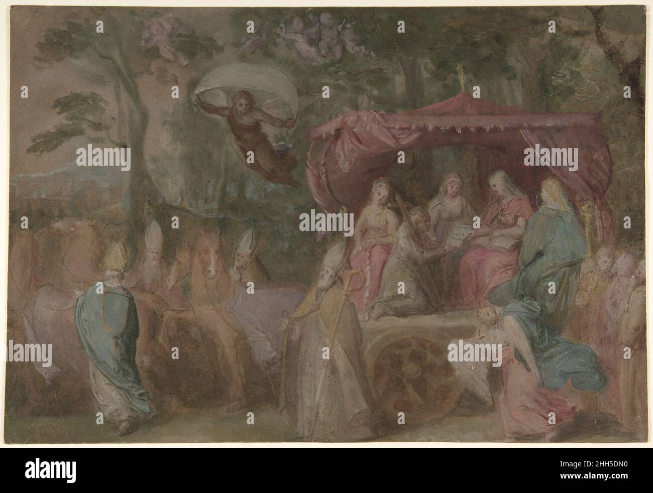 Le Triumph de l'Église: Ecclesia présenté avec les doctrines, assis dans un Chariot assisté par les quatre médecins de l'Église 1615–20 Otto van Veen Netherlandish ce Triumph, basé sur une composition similaire par Johannes Stradanus (voir le dessin suspendu à gauche),A été faite par Van Veen préparatoire à une série de peintures, datées d'environ 1615-20, qui représentent les triomphes de l'Église, maintenant dans les collections d'État bavarois à Bamberg.À leur tour, les compositions de Van Veen ont inspiré son élève de temps Peter Paul Rubens vers 1625, lorsque l'artiste flamand travaillait sur un ensemble de tapisserie Banque D'Images