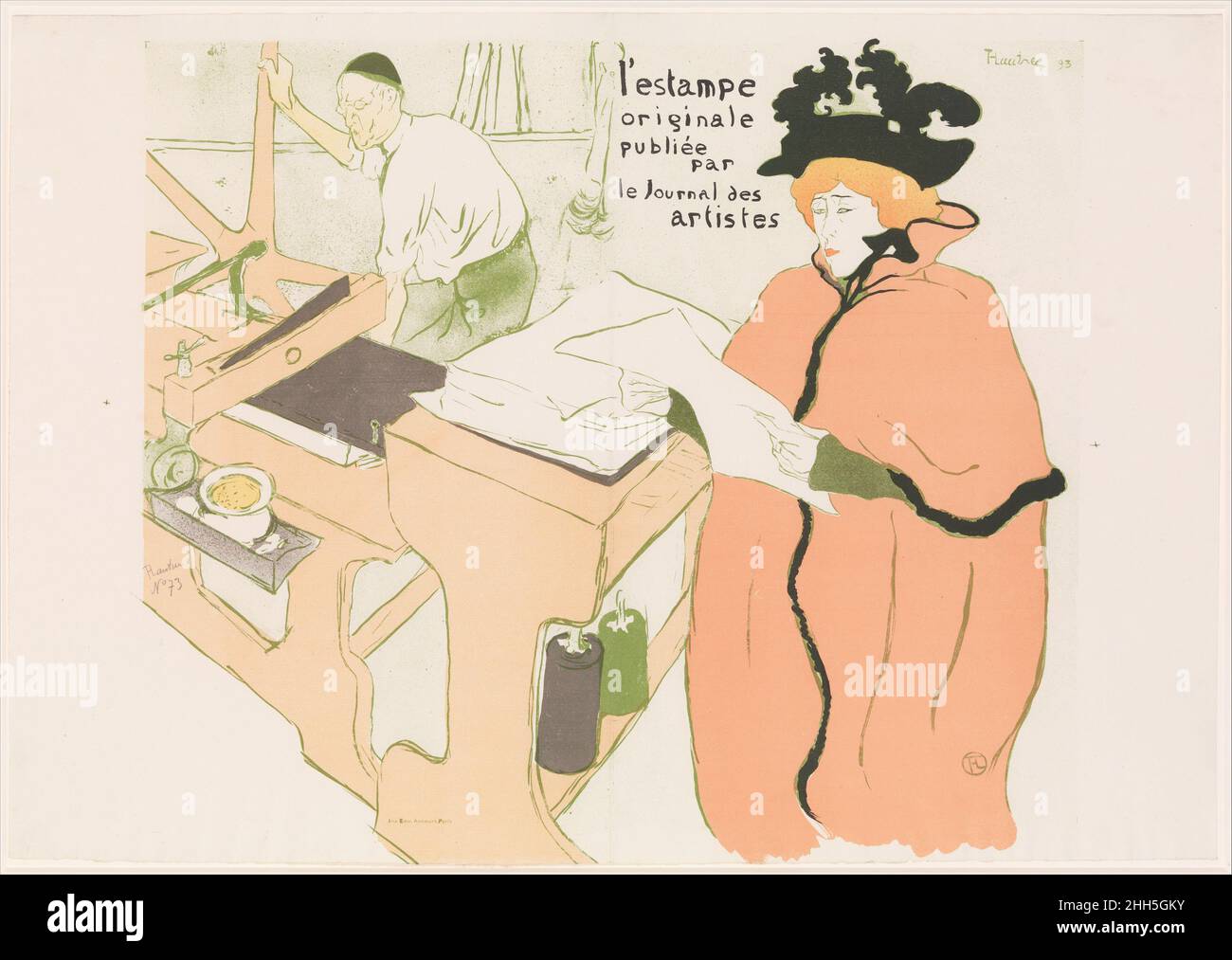 Couverture de l'Estampe originale, Album I, publique par les Journal des artistes 1893 Henri de Toulouse-Lautrec les albums imprimés français sont un moyen populaire pour les revendeurs et les éditeurs de promouvoir le travail des artistes.Ces portefeuilles variaient largement en qualité et en prix et offraient aux collectionneurs une sélection d’art contemporain préassemblée et choisie par des experts publiée de 1893 à 1895, l’Estampe Originale était l’un des exemples les plus populaires du genre, malgré sa courte durée de vie.La couverture de Toulouse-Lautrec pour l’édition inaugurale montre l’imprimeur expert Père Cotelle qui présente l’artiste de cabaret J Banque D'Images