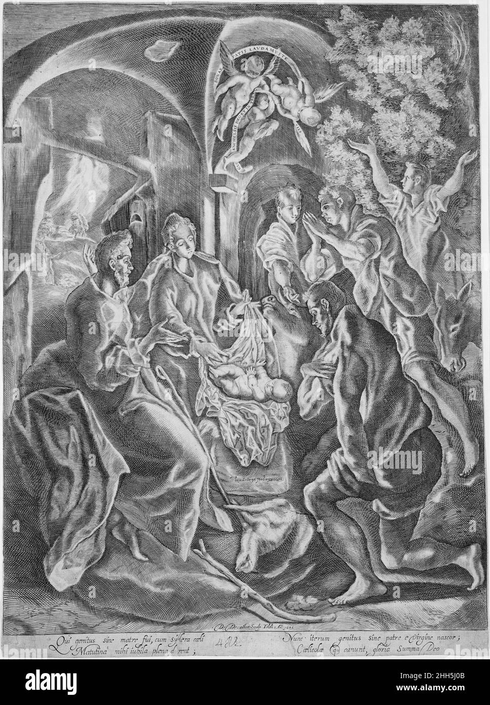 L'adoration des bergers 1605 Diego de Astor Espagnol l'imprimé est étroitement lié à la peinture d'El Greco de l'adoration des bergers au Metropolitan Museum of Art (05,42).Une autre version antérieure existe à Valence (Colegio del Patriarca).Voir la discussion de Walter Liedtk dans l'entrée pour 05,42.L'adoration des bergers 360003 Banque D'Images