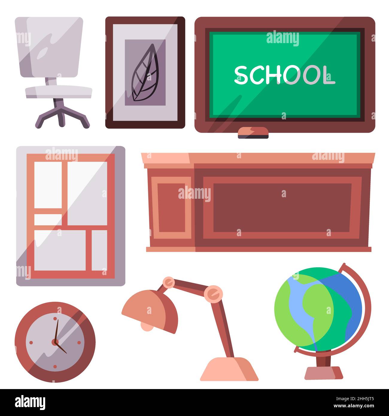 école salle de classe objet ensemble de collection craie chaise lampe globe table enfant style Illustration de Vecteur