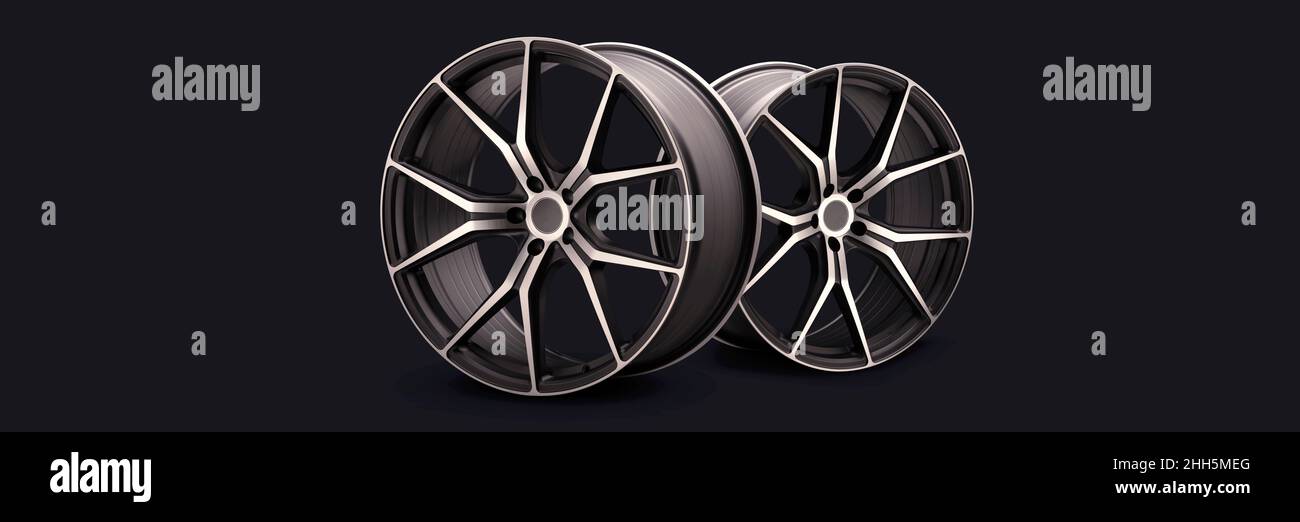 nouvelles roues sport stylées en alliage forgé de 22 de diamètre sur fond noir, belle jante et fines rayons cool roues, long plan photo panoramique. Banque D'Images