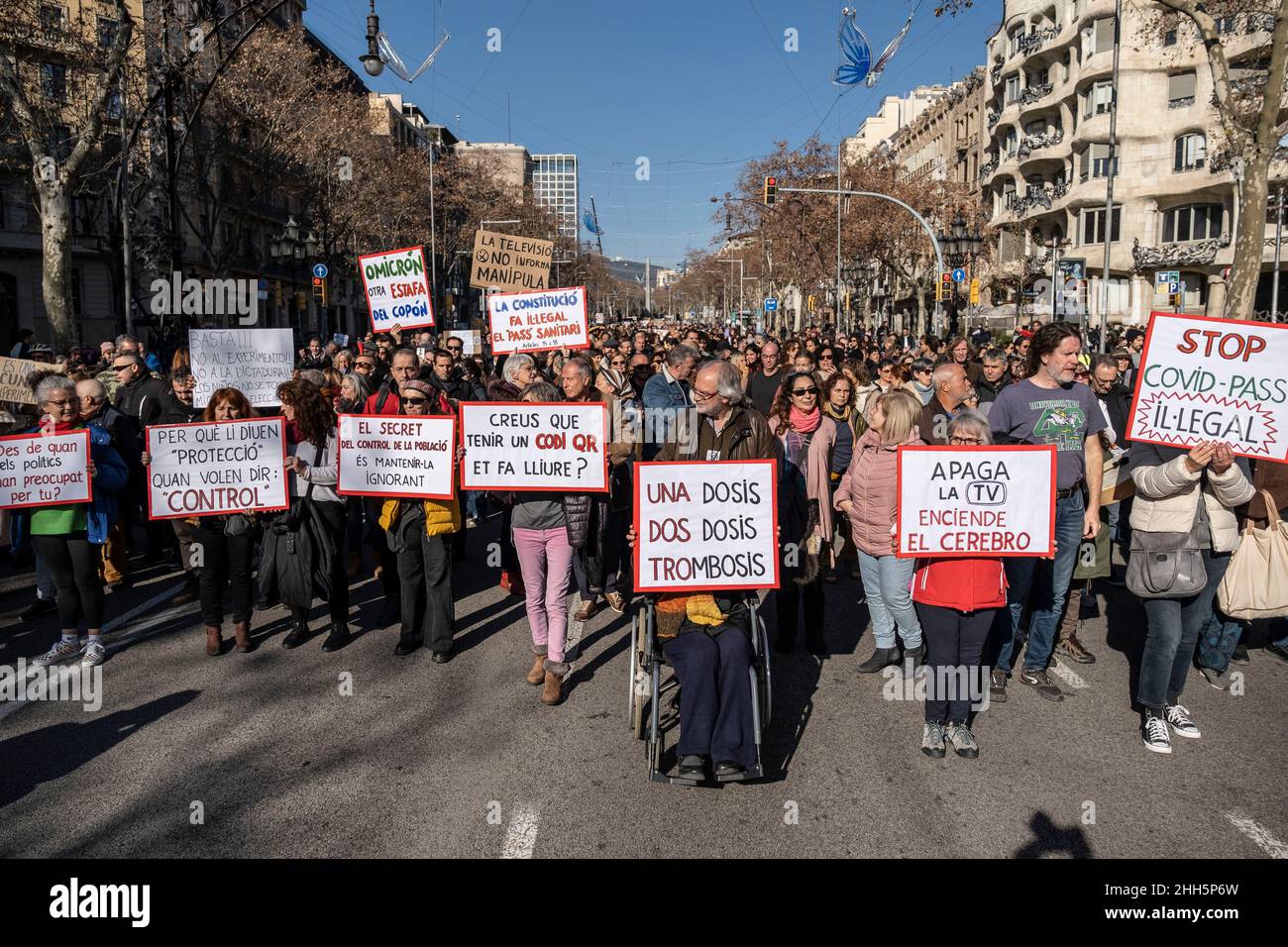 Les manifestants tiennent des pancartes pendant la manifestation.convoquée par le Coordinateur de Barcelone contre la dictature sanitaire, des centaines de personnes ont manifesté dans le centre de Barcelone contre le contrôle social et les mesures sanitaires décrétées après les infections Covid-19.(Photo par Paco Freire / SOPA Images / Sipa USA) Banque D'Images