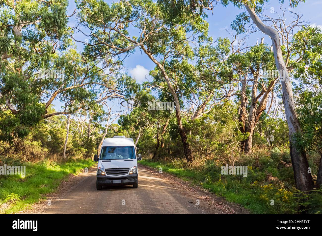 En été, une fourgonnette se conduit le long d'une étendue de terre sur Great Ocean Road Banque D'Images