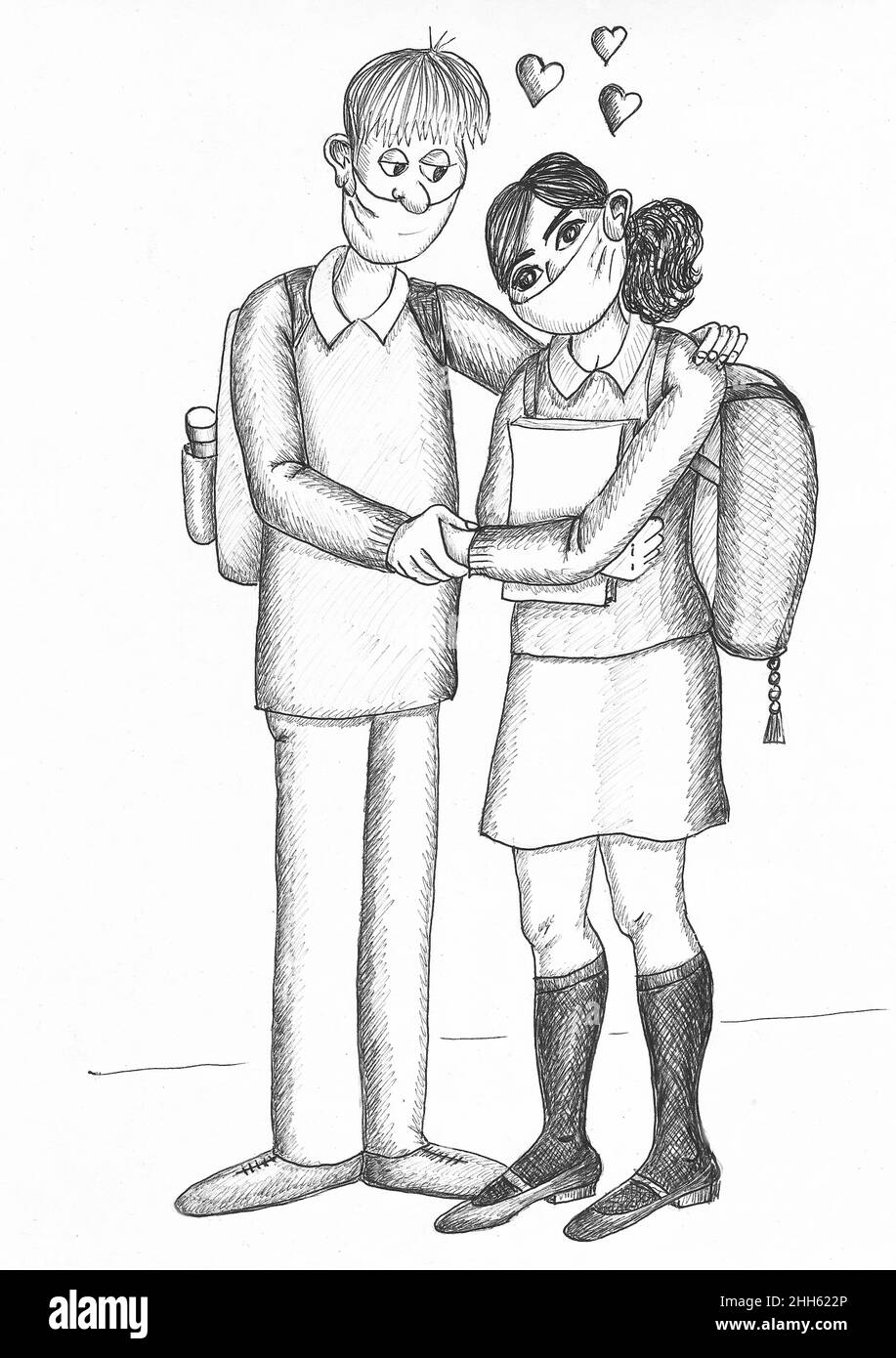 Couple d'étudiants amoureux.Illustration. Banque D'Images