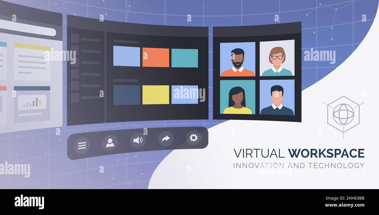 Écrans de bureau virtuel avec interface utilisateur interactive : concept VR et espace de travail virtuel numérique Illustration de Vecteur