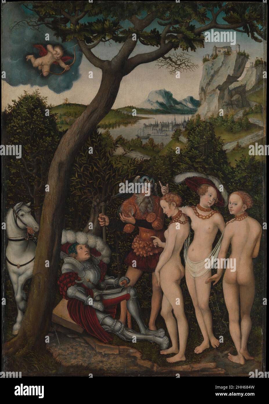 Le jugement de Paris ca.1528 Lucas Cranach l'aîné l'Allemand Cranach est devenu un peintre de cour célèbre pour les électeurs de Saxe à Wittenberg.Parmi les scènes mythologiques les plus populaires produites par lui et son atelier pour ses parrains courtois, il y a celles qui ont mis en vedette Vénus, en particulier le jugement de Paris.Peinte vers 1528, cette image dépeint Paris, vêtu d'une armure contemporaine, alors qu'il délibère sur la foi de trois déesses : Minerva, Vénus et Juno.Tandis que Mercury se tient à proximité, tenant le prix convoité, une pomme dorée (transformée ici en orbe de verre), Cupid vise son Banque D'Images