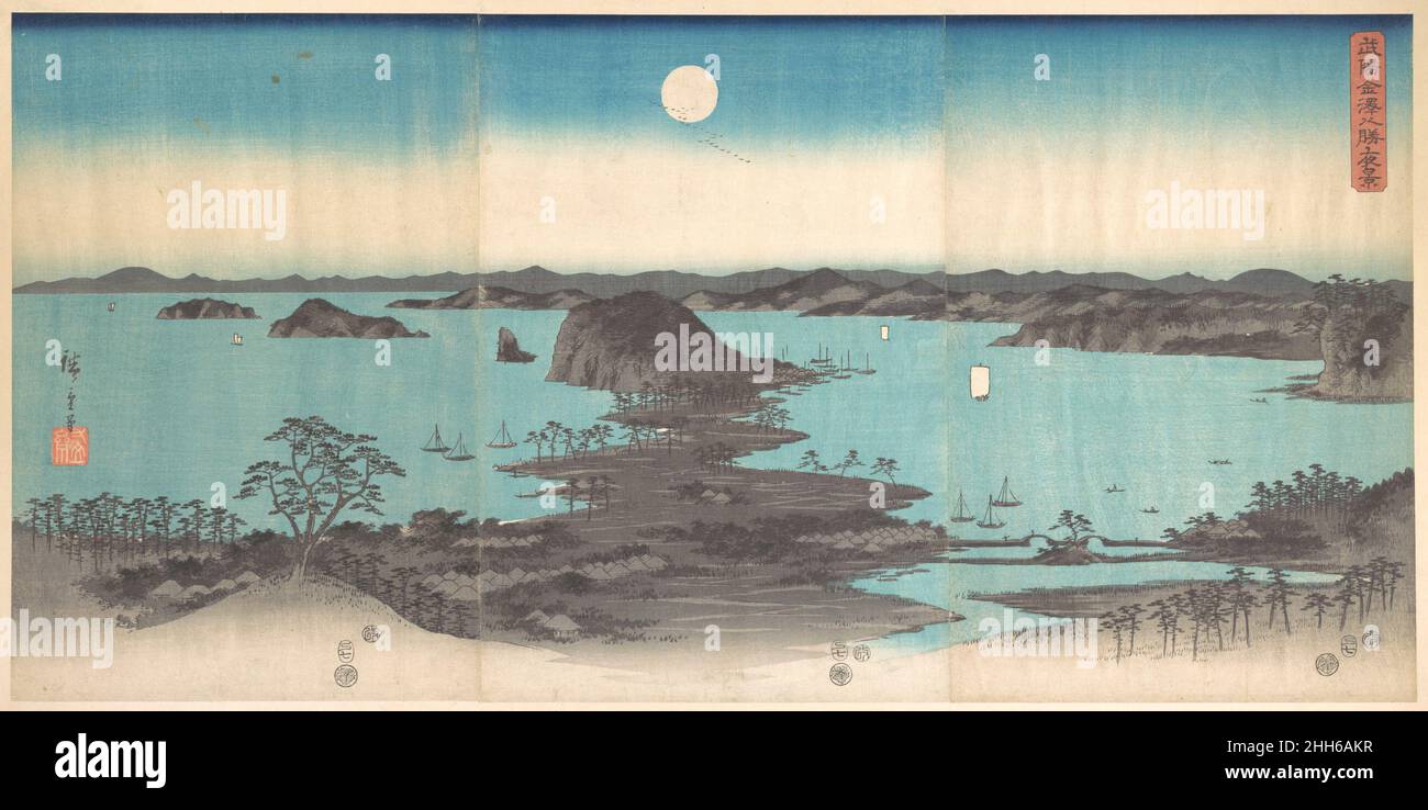 Panorama des huit vues de Kanasawa sous une pleine lune 1857 Utagawa Hiroshige japonais.Panorama des huit vues de Kanasawa sous une pleine lune.Utagawa Hiroshige (japonais, Tokyo (Edo) 1797–1858 Tokyo (Edo)).Japon.1857. Triptyque d'impressions de blocs de bois; encre et couleur sur papier.Période Edo (1615–1868).Imprime Banque D'Images