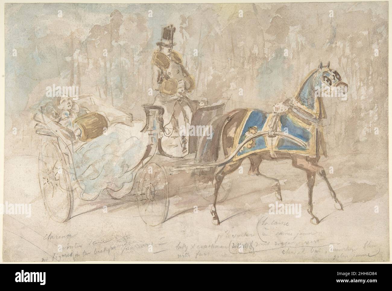 Winter Drive 19th Century Constantin gars Français.Winter Drive.Constantin Guys (français, Flushing 1802–1892 Paris).19th siècle.Encre stylo et marron, lavage brun, bleu et jaune, sur des traces de graphite.Mises en plan Banque D'Images