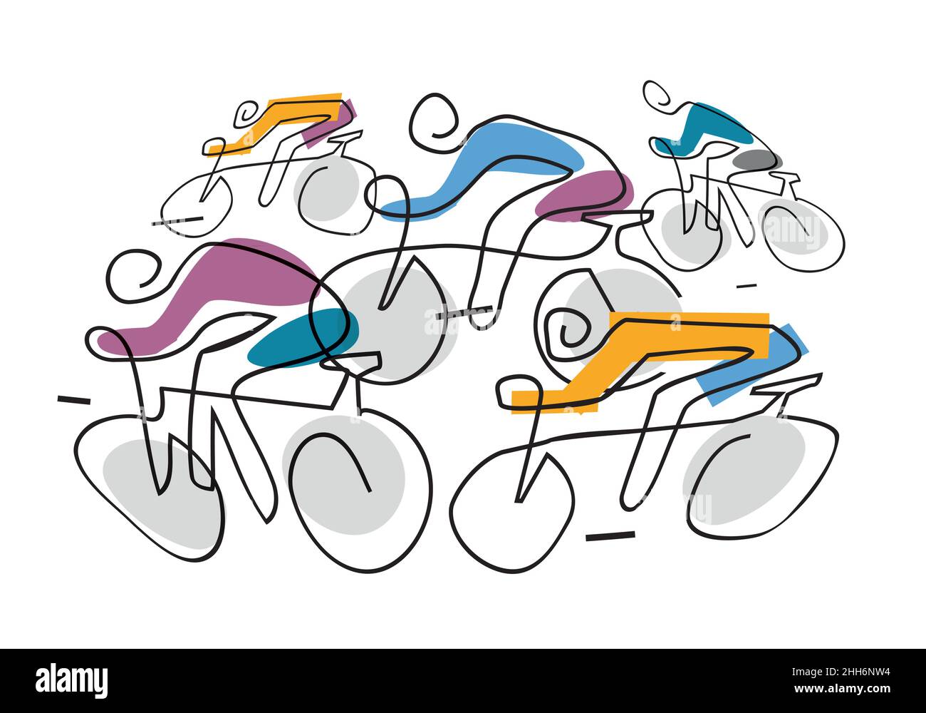 Course cycliste, dessin animé stylisé.Illustration de trois cyclistes sur une route.Mise en plan de ligne continue.Vecteur disponible Illustration de Vecteur