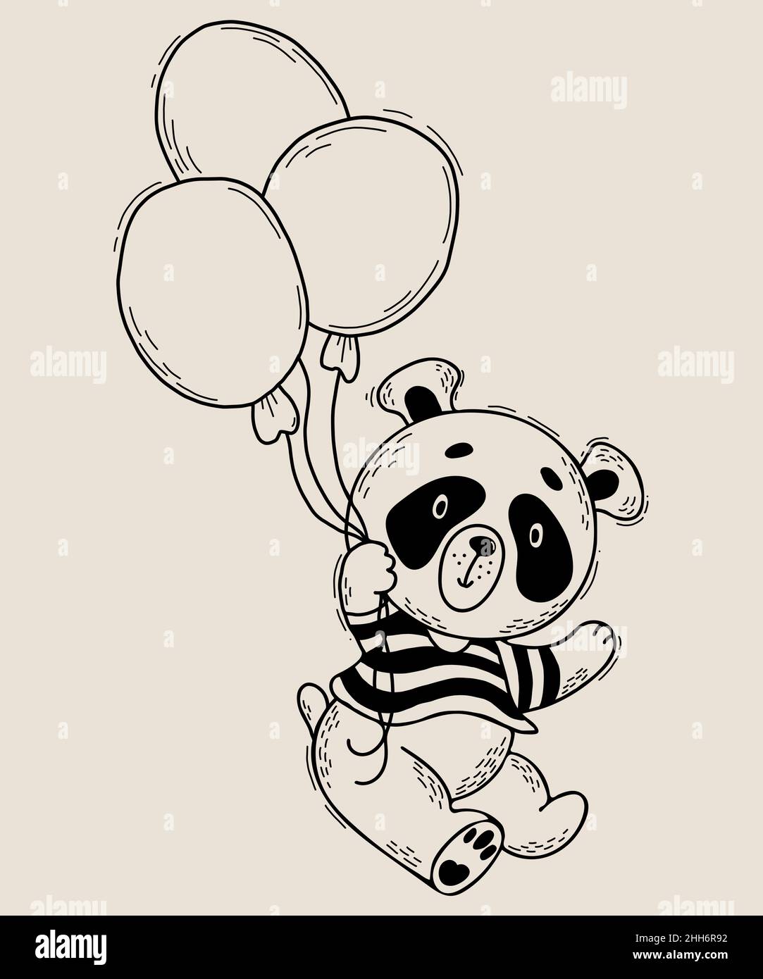 Joli panda en T-shirt rayé vole sur des ballons.Illustration vectorielle.Adorable animal de style linéaire dessiné à la main pour enfant collection et cartes postales, motif Illustration de Vecteur