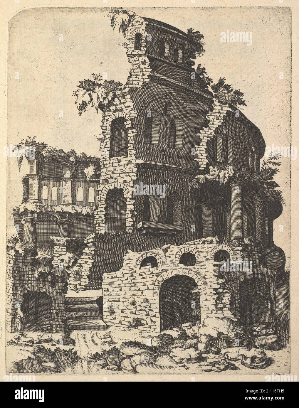 Ruines d'une basilique (?)De la série 'Ruinarum variarum fabricarum delimitationes pictoribus caeterisque ID genre articibus multum utiless' 1554 Lambert Suavius Netherlandish plaque verticale avec une vue latérale des ruines d'une basilique (?), probablement basée sur une observation in situ de la structure.'Ruinarum variarum fabricarum delimitationes pictoribus caeterisque ID genre articibus multum utiles' est une série imprimée publiée par Gerard de Jode, contenant des représentations de bâtiments de l'Antiquité classique, dans des paysages stylisés.Les plaques de la série peuvent être divisées en deux groupes : sevente Banque D'Images