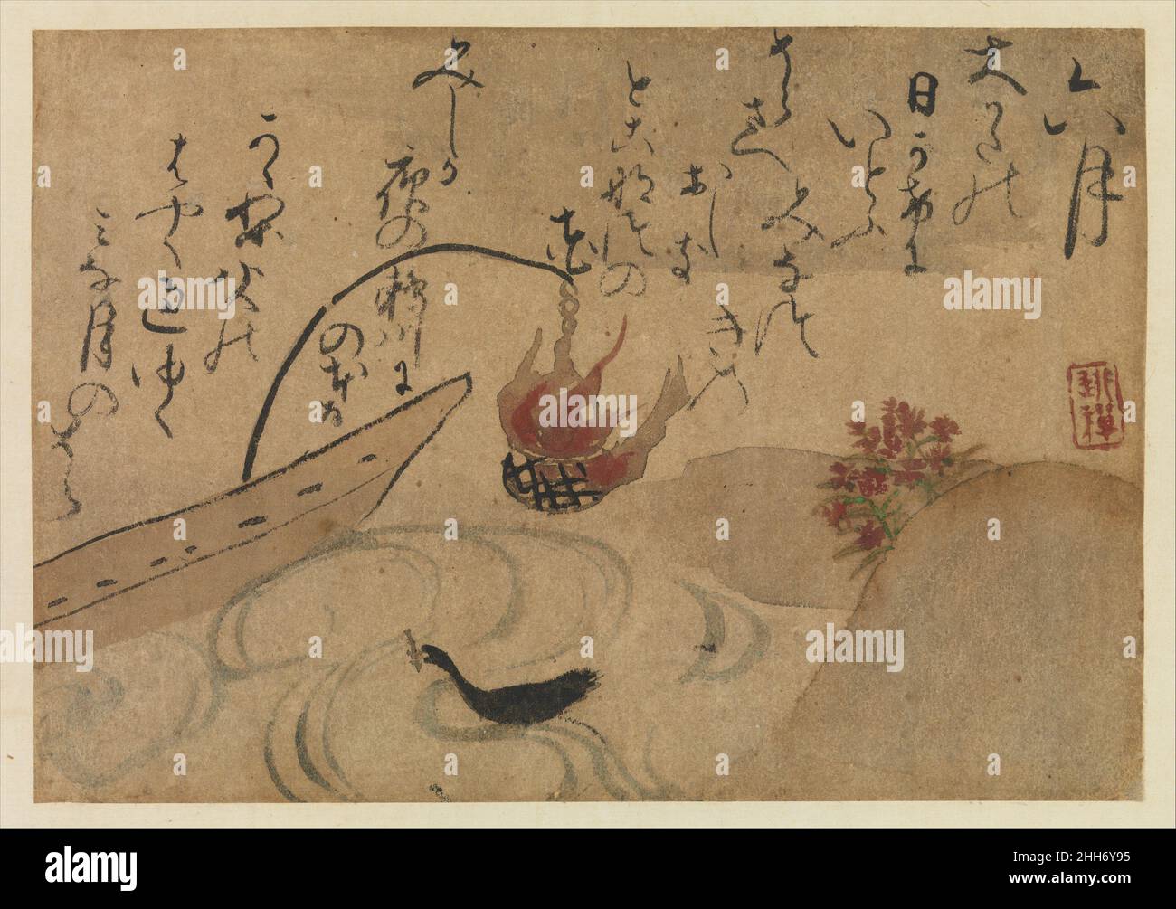 “Sixième mois” de Fujiwara no Teika’s “oiseaux et fleurs des douze mois” 1743 Ogata Kenzan Japonais ces petites peintures, chacune inscrite avec deux poèmes, ont été séparées d’un groupe de douze plantes et animaux qui représentent les mois de l’année.Pour le sixième mois, les poèmes célèbrent le tokonatsu (pinks sauvages) et le cormorant, un oiseau utilisé pour la pêche de nuit, une vue familière sur les cours d'eau de Kyoto où des paniers de feu de fer ont été suspendus du prows des bateaux de pêche.Les poèmes lus:même si la plupart des peopleread le sixième mois depuis que le soleil est si brillant, si sauvage p Banque D'Images