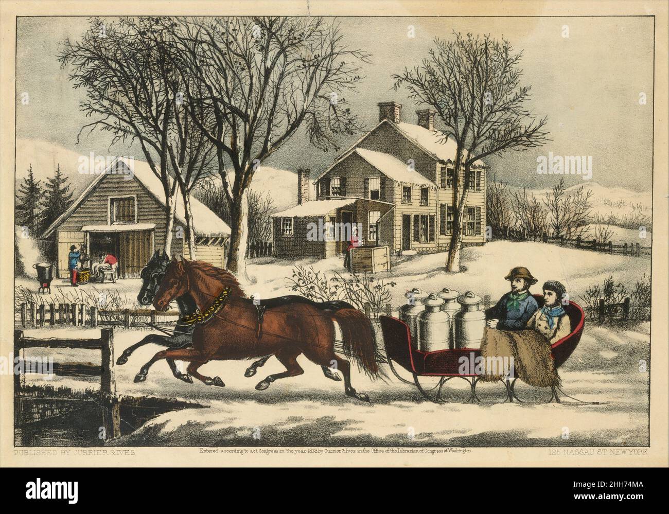 Matin d'hiver dans le pays 1873 Currier & Ives American Une scène rurale enneigée, avec une équipe de deux chevaux tirant un traîneau qui tient un homme et une femme et quatre grandes boîtes de lait.Au loin, une femme tenant un seau se tient à l'extérieur d'une ferme et des hommes à l'extérieur d'une grange propre et des oies de pluck.Winter Morning in the Country 380483 Éditeur : Currier & Ives, cuisine américaine, active à New York, 1857?1907, Winter Morning in the Country, 1873, Lithographie, 8 1/2 x 12 1/2 pouces(21,6 x 31,8 cm).Metropolitan Museum of Art, New York.Legs d'Adele S. Colgate, 1962 (63.550.120) Banque D'Images