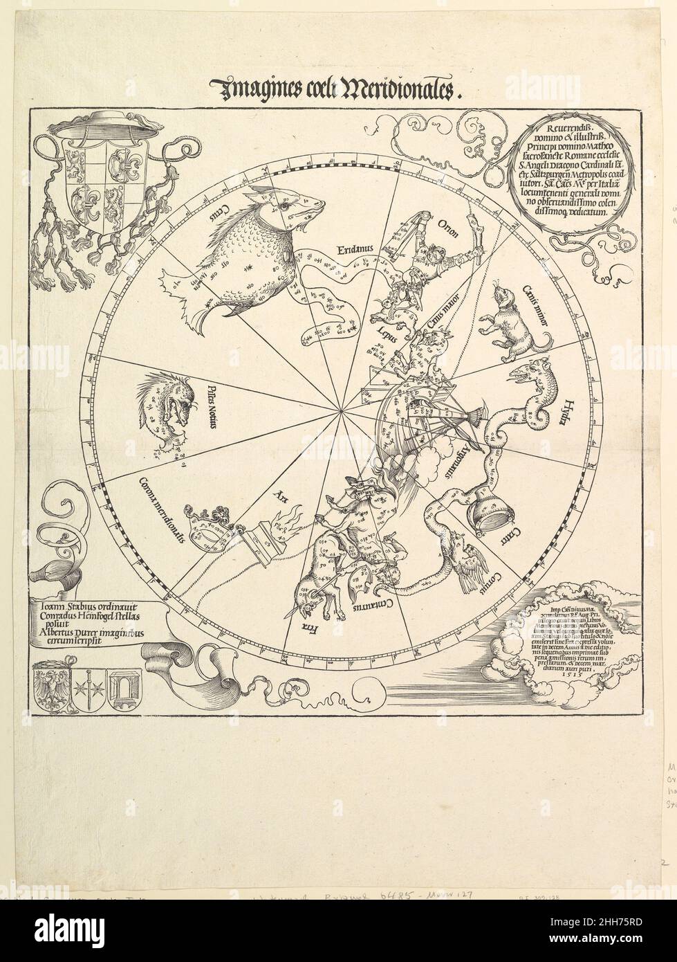 Le Globe céleste-hémisphère Sud 1515 Albrecht Dürer allemand cette coupe de bois du ciel méridional est basée sur des cartes des étoiles dessinées par un artiste anonyme vivant à Nuremberg en 1503.Recalculés pour refléter les positions stellaires de 1515, les cartes célestes de Dürer ont été les premières à être publiées et attestent du rôle que Nuremberg a joué comme centre d'impression, ainsi que pour la fabrication d'instruments scientifiques.Le Globe céleste-hémisphère Sud 358367 Banque D'Images