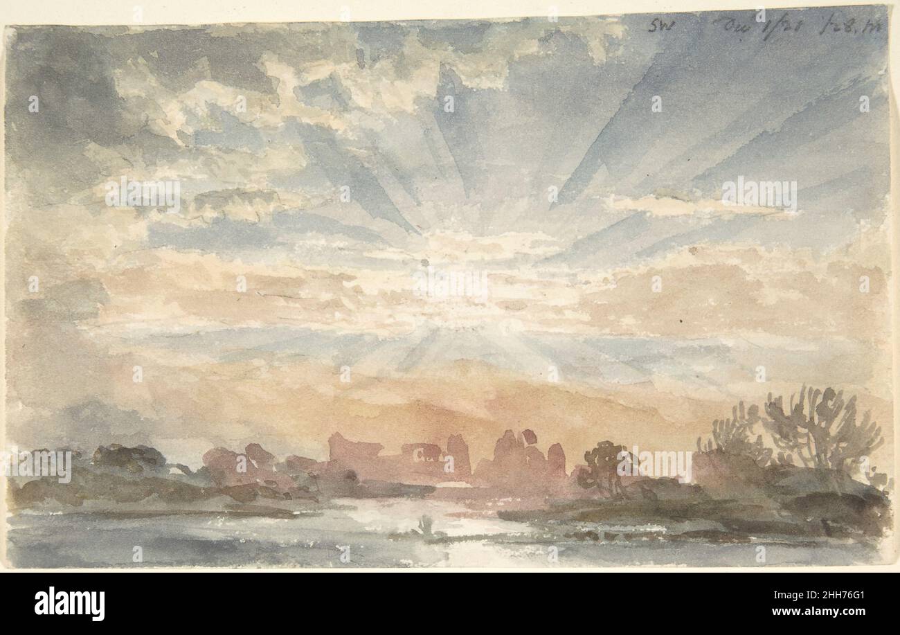 Paysage avec Rising Sun, 1 décembre 1828, 8 h 30 1828 Joseph Michael Gandy British Gandy, qui a fait son nom comme un visionnaire architecte romantique et théoricien de l'art, démontre ici ses compétences en tant que aquarelliste esquissant à l'extérieur.Répondant à des recherches récentes sur la météorologie, il a rapidement et soigneusement enregistré l'apparition du ciel à un moment et une saison particuliers.L'inscription abrégée en haut à droite—SW / Déc 1/28 ½ 8 M'—indique que l'étude a été faite le 1 décembre 1828, à 8:30 le matin sous un vent du sud-ouest.La feuille provient d'une série une fois montée dans un album appartenant Banque D'Images