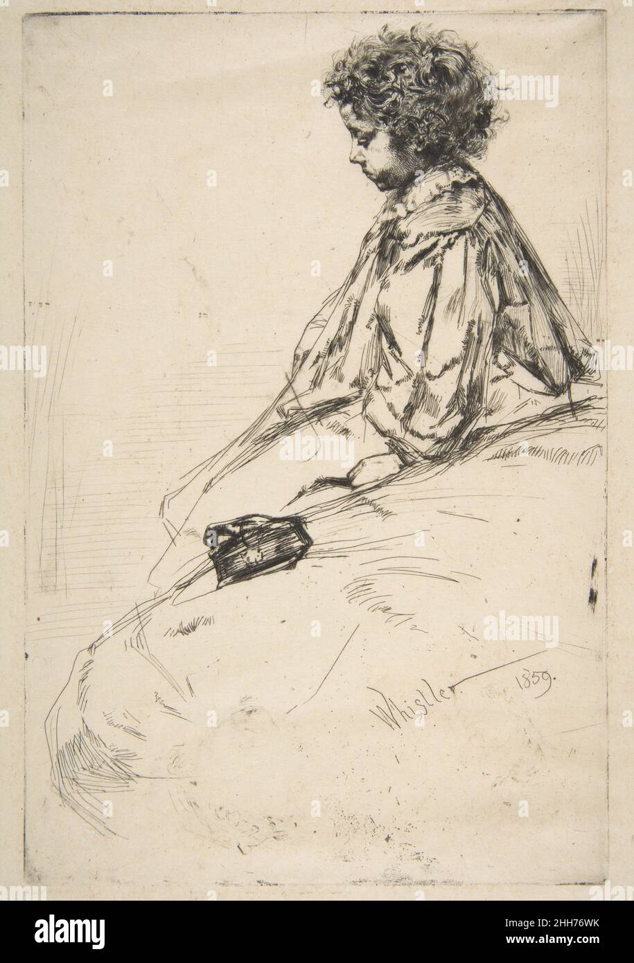 Bibi Lalouette 1859 James McNeill Whistler American ce petit garçon aux cheveux bouclés, assis au bord d'un lit, vient d'une série de portraits réalisés par Whistler en 1858-59.Connu sous le nom d'animal de compagnie de Bibi, l'enfant était le fils de J. M. Lalouette qui gérait un petit hôtel et restaurant au 5 rue de l'Odéon à Paris.Whistler y a souvent mangé et a laissé un grand projet de loi non payé lorsqu'il a déménagé à Londres.En août 1860, il envoya un paiement partiel, suscitant une réponse soulagée de Monsieur Lalouette qui mentionne Bibi souvent parlé de l'artiste, et notant la fierté de la famille dans leur propre impression du présent WO Banque D'Images