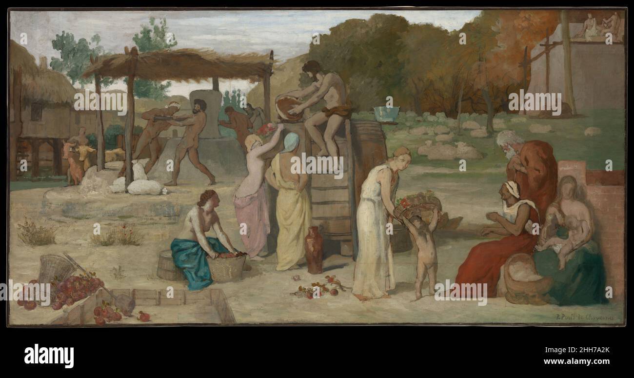 Cidre ca.1864 Pierre Puvis de Chavannes les hommes français meulent le grain tandis que les citoyens de tous âges préparent le cidre, une des boissons traditionnelles de la province de Picardie, au nord de la France.Cette peinture et la rivière (à proximité) sont des études sur les côtés gauche et droit de l’avenue murale Picardia Nutrix de Puvis (Hail, Picardie, Nourisher).Fabriqués pour le nouveau musée de Picardie d’Amiens en 1864, les peintures célèbrent les abondantes ressources naturelles de la région et son passé lointain et idéalisé.Les décorations de Puvis pour le musée ont lancé sa carrière de peintre prééminent de peintures murales pour stat Banque D'Images