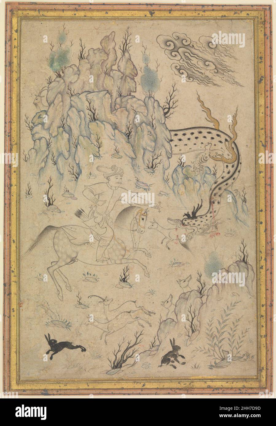 Héros et dragon troisième quart de 16th siècle dans un paysage rocheux un chasseur à cheval plonge son épée à travers le cou d'un dragon qui a plongé ses fangs dans un petit cerf.Une paire de cerfs et deux lapins se dispersent au premier plan.Avec ses roches colorées bleues et ses ailes de dragon d'or, ce dessin est fini, malgré la suggestion narrative de son sujet.Divers héros dans le 'Shishnama', l'épopée nationale persane, les dragons de combat, mais cette image évoque plutôt que d'illustrer ces actes de manouvement.Héros et Dragon 447805 Banque D'Images