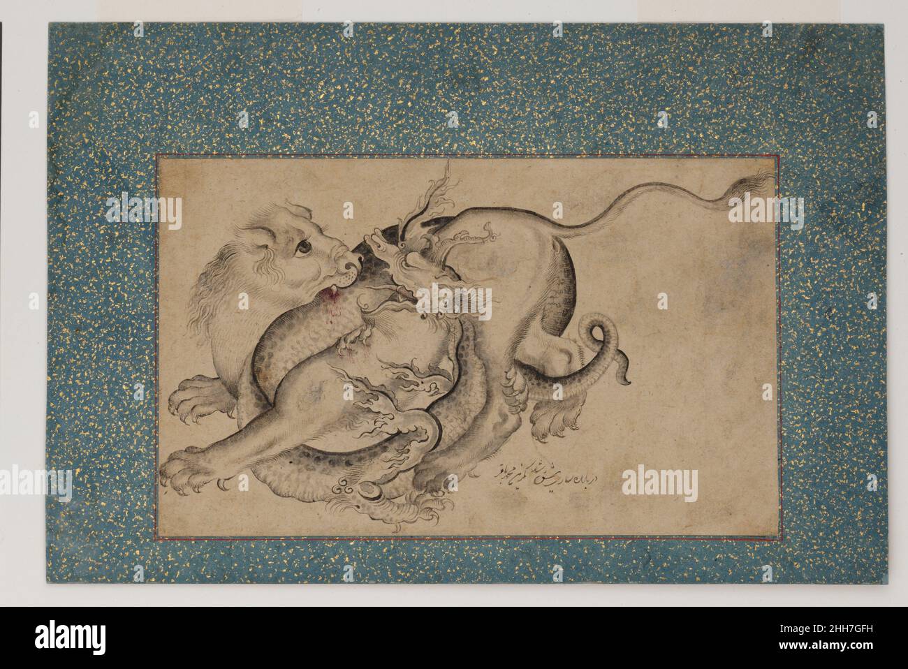 Lion et Dragon au combat deuxième demi 18th-siècle peinture par Muhammad Baqir Un nombre important d'œuvres de Muhammad Baqir survivent, y compris plusieurs frontières et peintures d'une page, datant de 1764, qui proviennent d'un album dispersé.Certains d'entre eux sont basés sur des prototypes européens tandis que d'autres décrivent des fleurs, reflétant le vogue des peintures d'oiseaux et de fleurs qui se sont développées au XVIIIe siècle et a été particulièrement populaire dans l'Iran du XIXe siècle.tandis que le sujet des dragons au combat avec des animaux réels ou imaginaires a une longue histoire en peinture persane,Originaire des Mongols dans le TH Banque D'Images