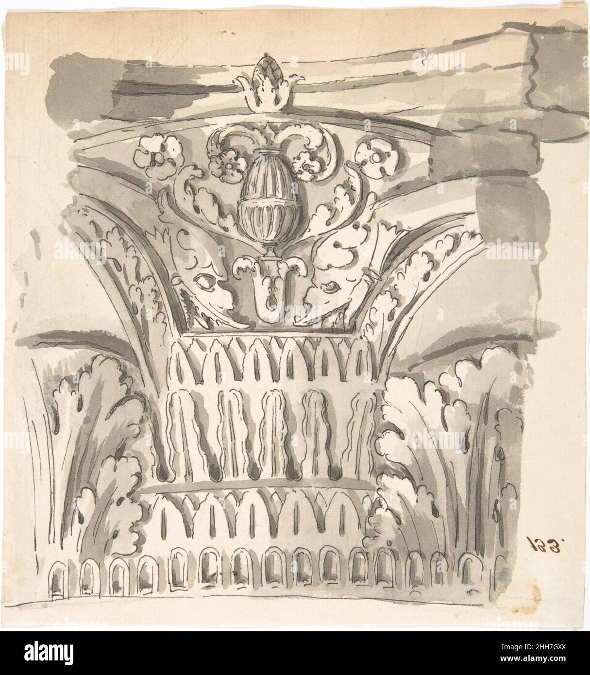 Fragment d'une capitale 18th siècle Anonyme, Français, 18th siècle fragment français d'une capitale dans l'ordre composite.Les côtés ont été endommagés.Le centre est décoré de niveaux de feuilles stylisées entre deux feuilles d'acanthus et au-dessus d'un motif central de deux dauphins flanquant un vase avec des fleurs.La capitale est couronnée d'un motif gland smal.Fragment de capital 357079 Banque D'Images