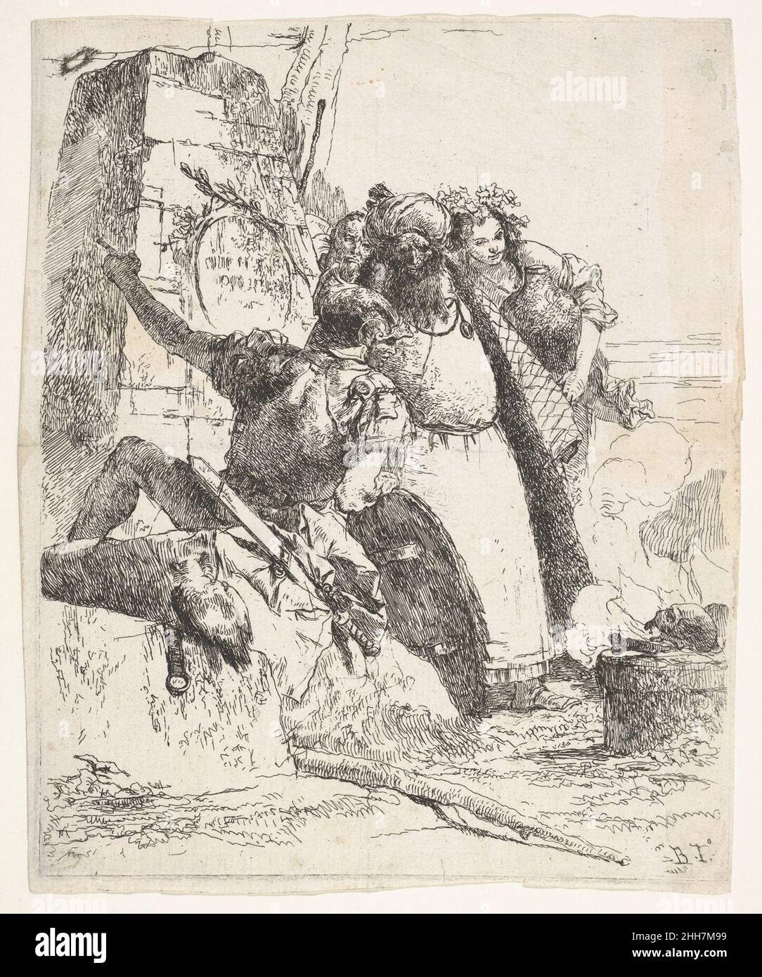 Une scène de necromancy: Une femme portant un navire, un homme turbanné, et un soldat regardent vers un piédestal sur lequel un crâne et un os de membre brûlent, une figure mâle barbu est visible derrière le groupe, de la série 'virages de fantaisie' (Scherzi di fantasia) ca.1743–57 Giovanni Battista Tiepolo Italien.Une scène de necromancy: Une femme portant un navire, un homme turbanné, et un soldat regardent vers un piédestal sur lequel un crâne et un os de membre brûlent, une figure mâle barbu est visible derrière le groupe, de la série 'virages de fantaisie' (Scherzi di fantasia) 397636 Banque D'Images