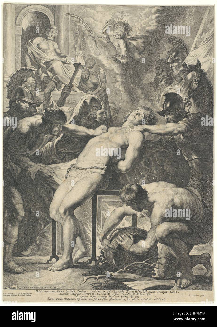 Martyre de Saint Lawrence 1621 Lucas Vorsterman i Flamand ayant réalisé les bénéfices potentiels à réaliser à partir des gravures reproductives de son travail, Rubens a commencé à engager de jeunes graveurs à partir de 1619.Lucas Vorsterman, qui avait pratiqué comme graveur à partir de l'âge de douze ans, était le premier graveur à travailler pour Rubens.En 1621, Vorsterman fit cette gravure, montrant la peinture de Rubens du martyre de Saint-Laurent, qui à l'époque était accrochée à la notre-Dame de la Chapelle à Bruxelles (aujourd'hui Alte Pinakothek, Munich).La gravure affiche la peinture à l'envers.L'un des Ru Banque D'Images