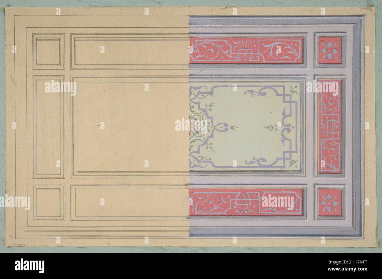 Design pour la décoration peinte d'un plafond en strapwork et en reneaux deuxième moitié du 19th siècle Jules-Edmond-Charles Lachaise Français.Design pour la décoration peinte d'un plafond en carreaux et en reneaux 385028 Banque D'Images