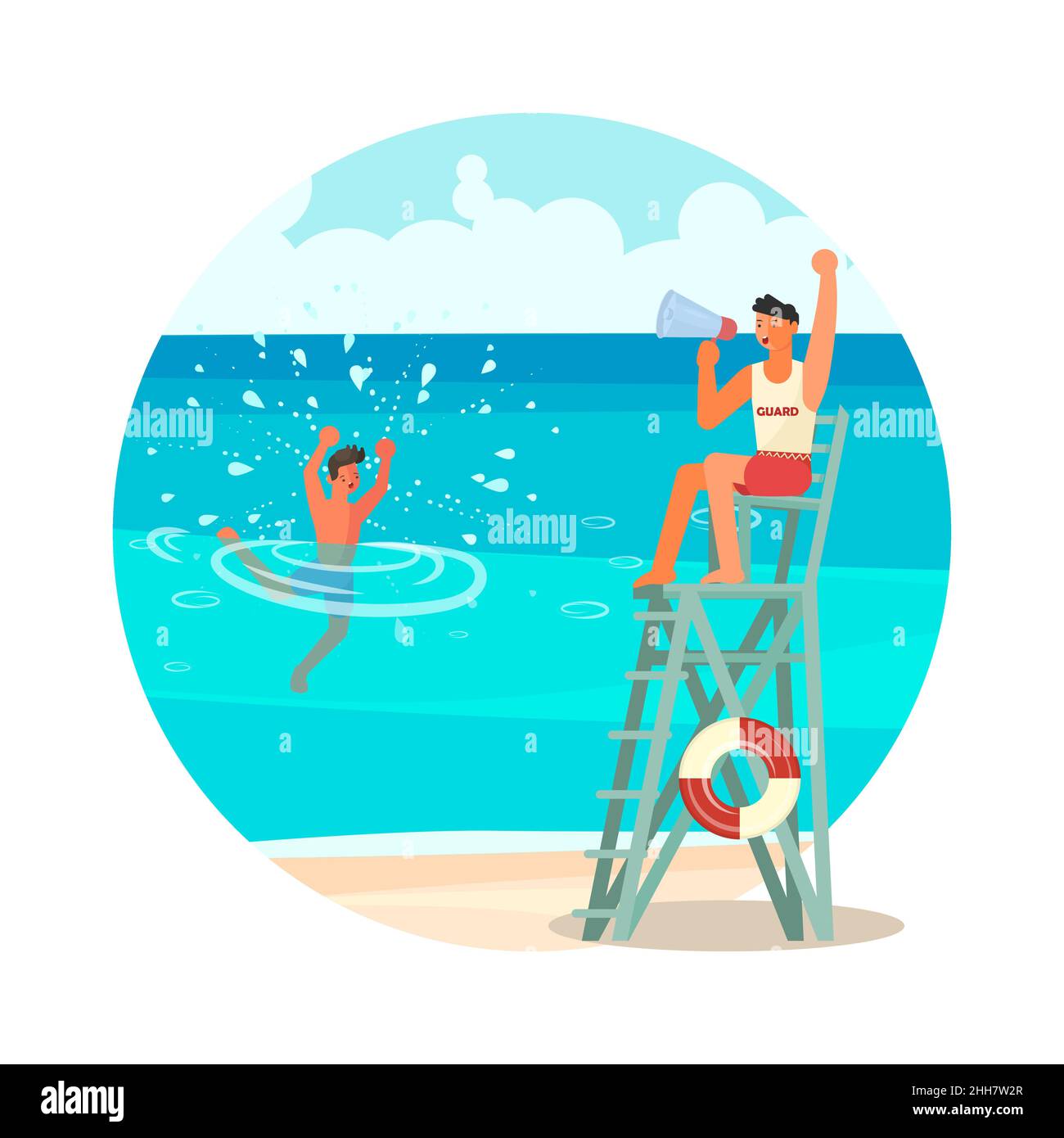 Modèle de série d'activités estivales.Le jeune homme se noie dans la mer.Un sauveteur masculin sauvant un secouriste professionnel noyé en service se précipitant au sauvetage.Plat Illustration de Vecteur
