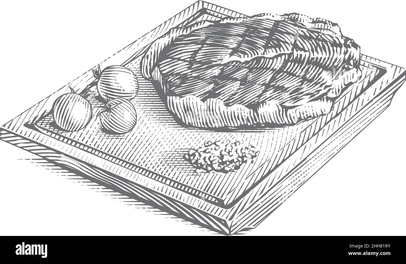 steak de viande sur panneau de bois dessin à la main croquis gravure style d'illustration Illustration de Vecteur