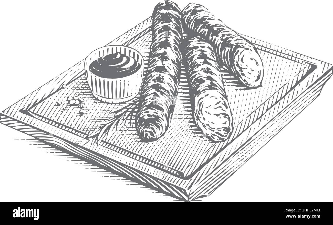 faire griller la saucisse sur la planche à découper dessin à la main croquis gravure style d'illustration Illustration de Vecteur