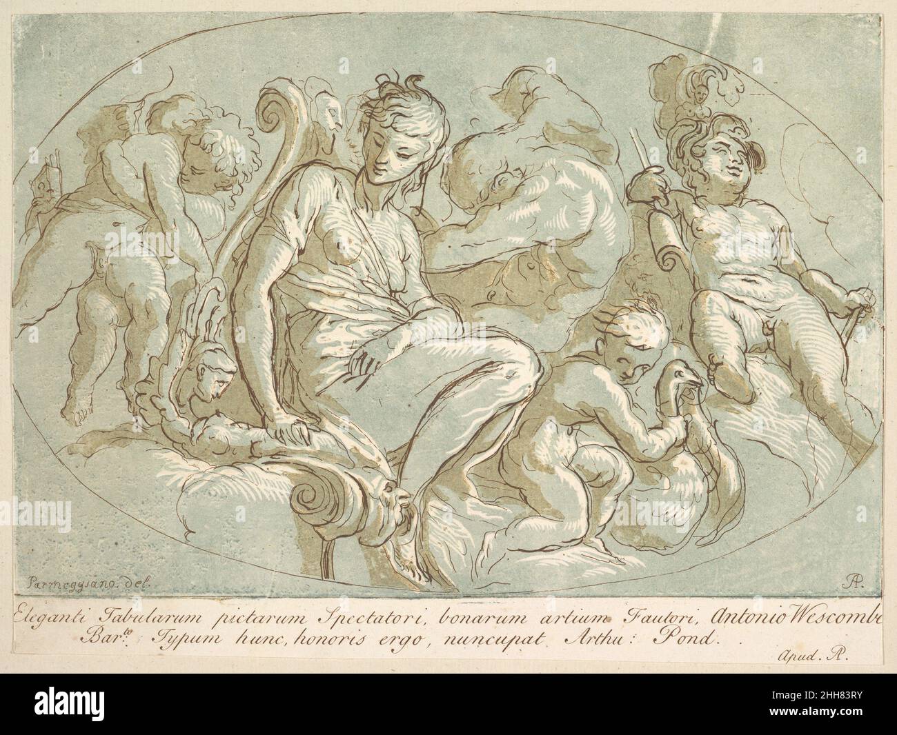 Vénus entourée par Putti CA.1735 Arthur Pond British Pond a réalisé un certain nombre de tirages pour un grand projet intitulé « imprimés en imitation de dessins » qui a fait la publicité de collections privées de dessins de l'ancien maître.En utilisant une variété de techniques subtiles, il a soigneusement reproduit une gamme de médias et de soutien.Ici, en utilisant une combinaison de techniques intaglio et de relief, il a reproduit un dessin au stylo et à l'encre, avec une accentuation blanche, sur papier bleu de l'artiste italien du XVIIe siècle Parmigianino qui a été largement admiré dans la Grande-Bretagne du XVIIIe siècle.Le lettrage sur l'impression indique que Pond reprodu Banque D'Images