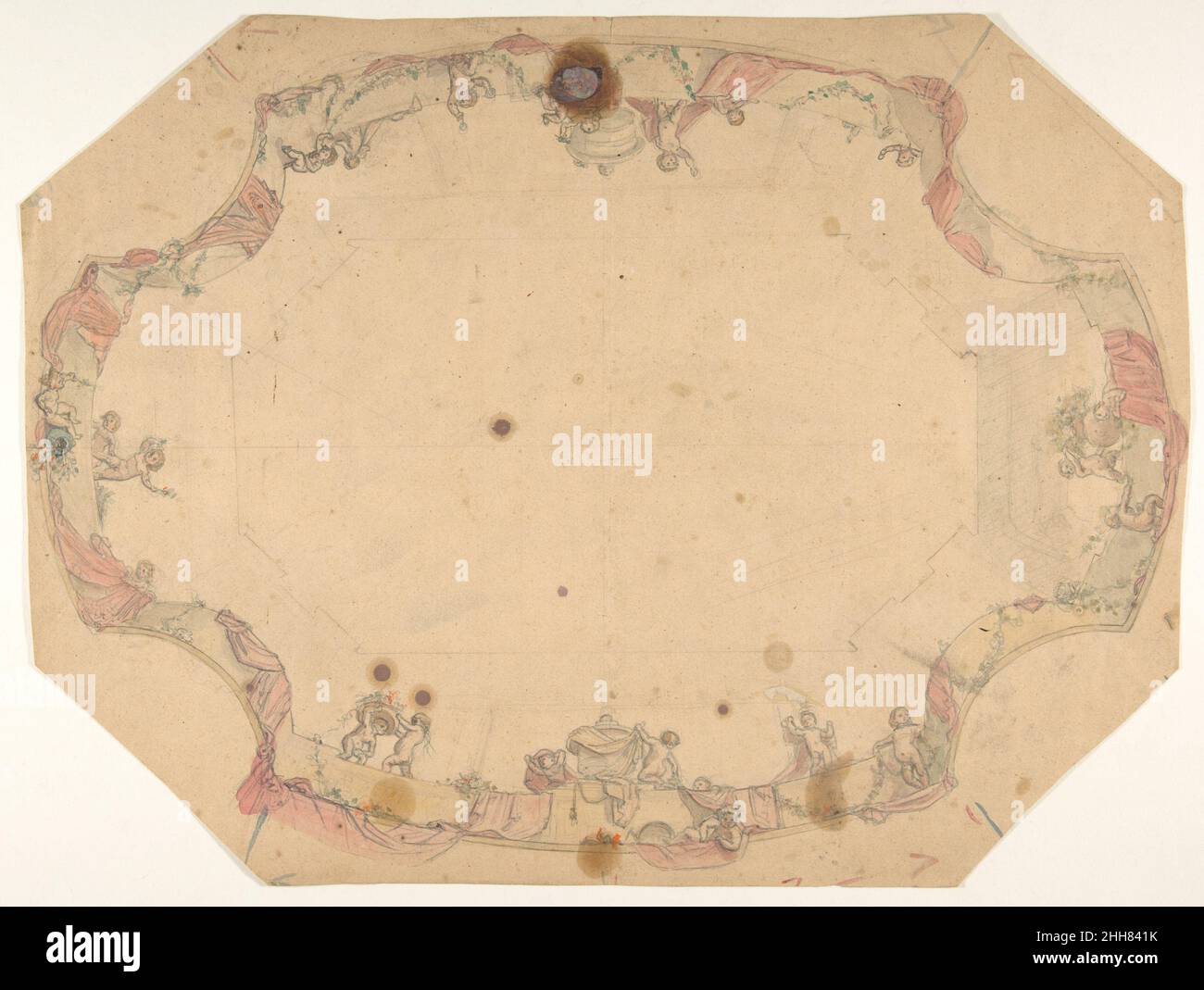 Design pour un plafond peint avec des putti, des guirlandes et des marais deuxième moitié du siècle 19th Jules-Edmond-Charles Lachaise français.Conception pour un plafond peint avec des putti, des guirlandes et des bagargs 386252 Banque D'Images