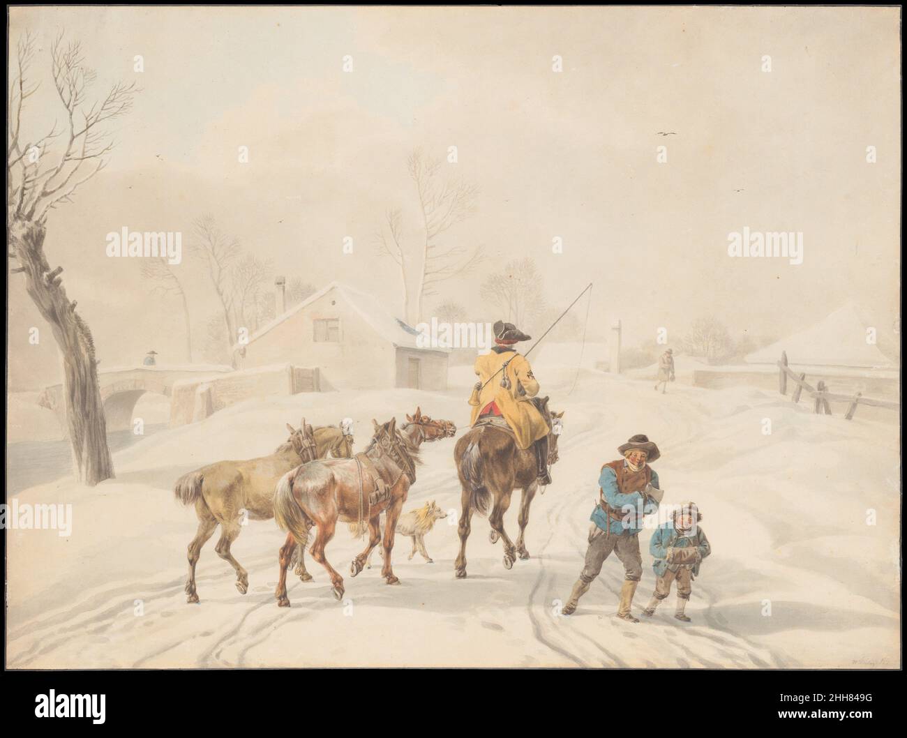 Postilion sur le cheval dans un paysage d'hiver ca.1798 Wilhelm von Kobell Allemand.Postilion sur le cheval dans un paysage d'hiver.Wilhelm von Kobell (allemand, Mannheim 1766–1853 Munich). Env.1798. Aquarelle.Ligne de cadrage au stylo et à l'encre noire.Mises en plan Banque D'Images