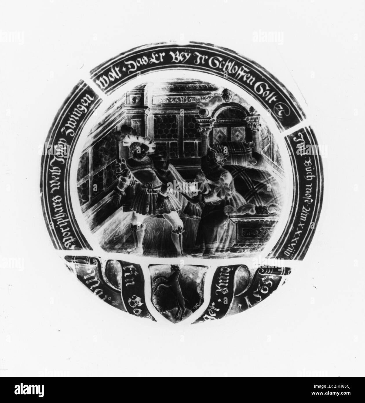 Joseph quittant l'épouse de Potiphar 16th siècle Sud-allemand la cocarde est un mémorial à Martin Bolger donné par une de la famille Böck.Joseph quitte la femme de Potiphar.Allemagne du Sud.16th siècle.Vitrail.Vitraux Banque D'Images