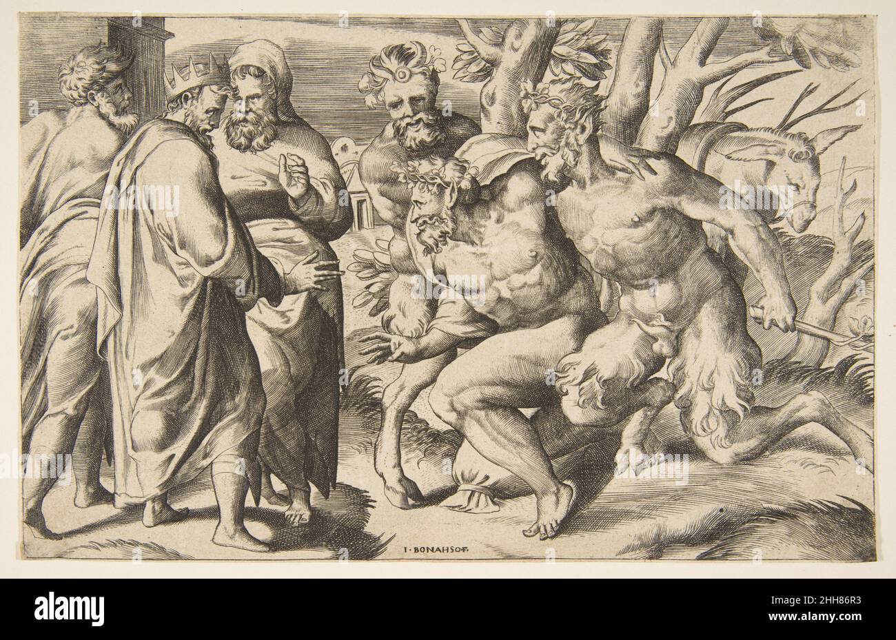 Deux satyres sautant Silenus King Midas debout à gauche 1531–76 Giulio Bonasone Italien.Deux satyres sautant Silenus King Midas debout à gauche 392647 Banque D'Images