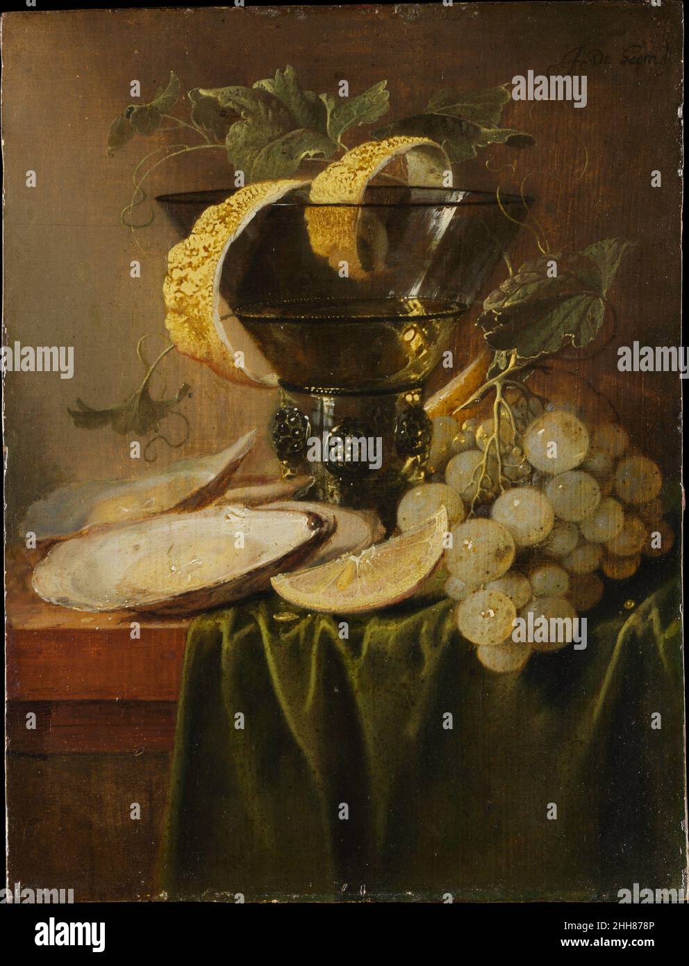 Encore la vie avec un verre et des huîtres ca.1640 Jan Davidsz de Heem Dutch cette vie encore était l'une des premières peintures acquises par le met, dans le cadre de l'achat fondateur de 1871.Il combine quelques-uns des accessoires les plus fréquents de la vie hollandaise—un zeste de citron, le type de verre connu sous le nom de roemer, et des huîtres, qui étaient considérés à l'époque comme ayant des propriétés aphrodisiaques.L’échelle réduite indique qu’elle était destinée à un cabinet de collectionneurs, destiné à être portée par un seul spectateur.Écoutez des experts illuminer l'histoire de cette œuvre Écoutez ou faites une pause #5254.Encore la vie avec un verre et des huîtres Banque D'Images