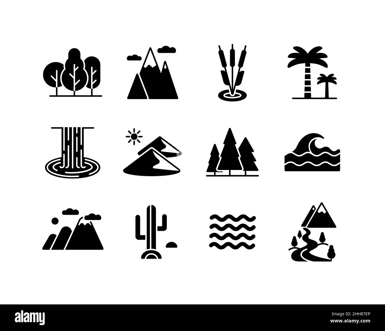 Vecteur nature glyphe icônes ensemble. Désert, montagnes, forêt, rivière, mer,lac.Symbole graphique pour le site Web de voyage et de tourisme et la conception d'applications, logo, app, U Illustration de Vecteur