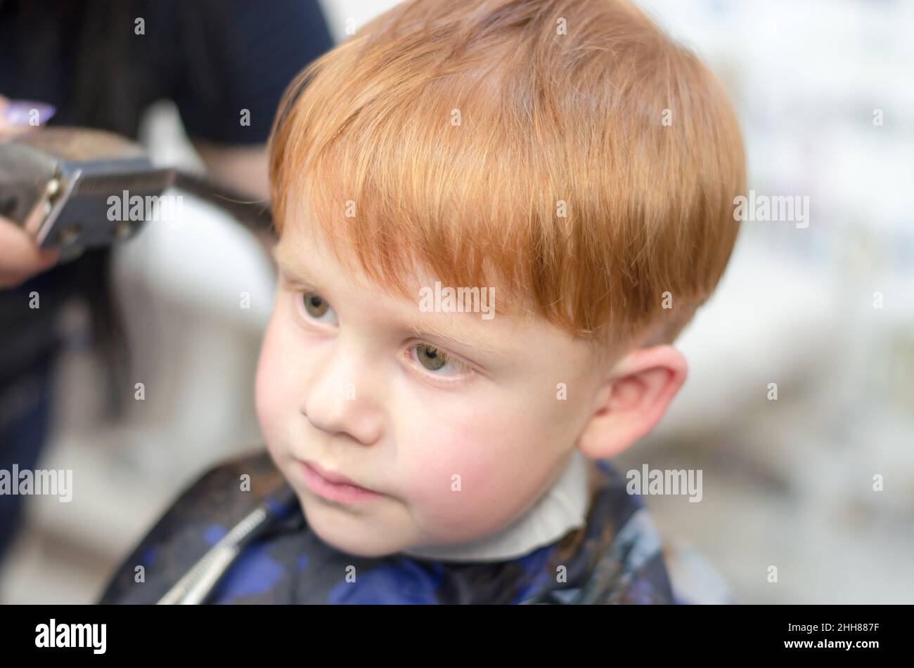 garçon de 4 ans à tête rouge au barbershop.Le coiffeur coupe les cheveux d'un enfant Banque D'Images