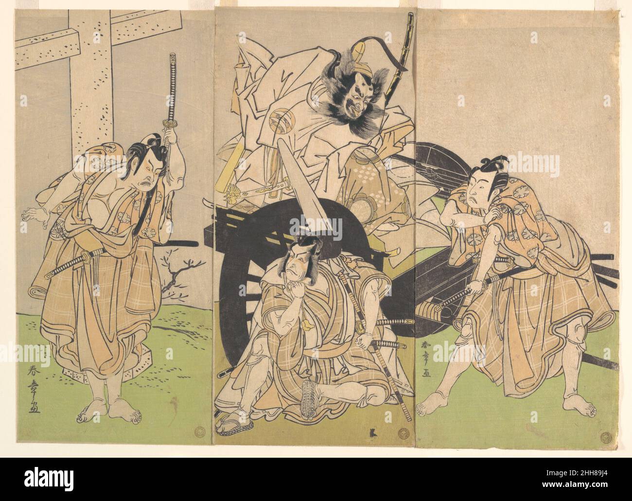 Kabuki acteurs Ichikawa Yaozō II, Nakajima Mihoemon II, Ichikawa Ebizō III,Et Ichimura Uzaemon IX dans les secrets de Calligraphie de la pièce Sugawara (Sugawara denju tenarai kagami) 7th mois, 1776 Katsukawa Shunshō 勝川春章 japonais cette scène dramatique connue sous le nom de "tirer le chariot en dehors" (Kuruma-biki), a été interprétée au théâtre Ichimura, en août 1776.Ichikawa Ebizo (Danjuro IV), assis sur le sol devant la charrette à droite, a agi comme le personnage Matsuo-maru, l'un des trois serviteurs de frère.Dans la pièce les frères, qui servent différents maîtres, font l'expérience d'un conflit entre la loyauté à thei Banque D'Images