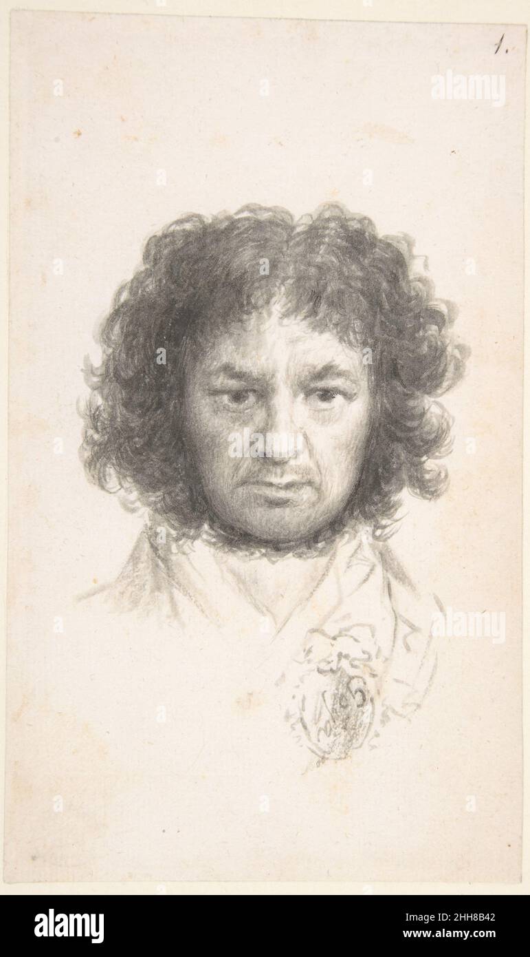 Autoportrait ca.1796 Goya (Francisco de Goya y Lucientes) Espagnol Goya est considéré comme un remarquable peintre de portrait avec la rare capacité de se déplacer au-delà des apparences physiques pour capturer l'essence d'un sitter.Au cours de sa longue carrière, il a produit plusieurs autoportraits dont celui-ci est l'un des plus puissants.Goya regarde directement le spectateur avec une intensité hypnotique.Pourtant, le portrait semble être un peu introspectif, un examen étroit de lui-même, transmettant la clarté et la précision émotionnelles.Entre octobre 1792 et février 1793, Goya a souffert d'une maladie grave qui l'a laissé profou Banque D'Images