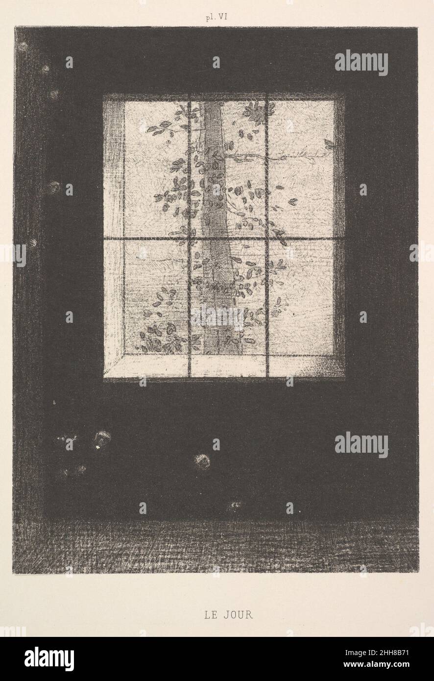 Day (le jour), de la série Dreams (Songes), plate VI 1891 Odilon Redon French comme un garçon timide et solitaire dans la vieille maison de son oncle, Redon découvrit que des livres, des images et de la musique ouvraient des fenêtres sur des vues merveilleuses.Dès son enfance, il a maintenu un attachement à un monde de fantaisie et de rêves qu'il a souvent photographié dans des dessins de charbon de bois et des lithographies qu'il a appelé des noirs, car leur substance essentielle et résonance étaient noires."Il faut respecter le noir", écrit-il.« rien ne le prostitue.Il ne plaît pas à l'oeil et il n'éveille aucune sensualité.C'est l'agent de l'esprit loin M. Banque D'Images