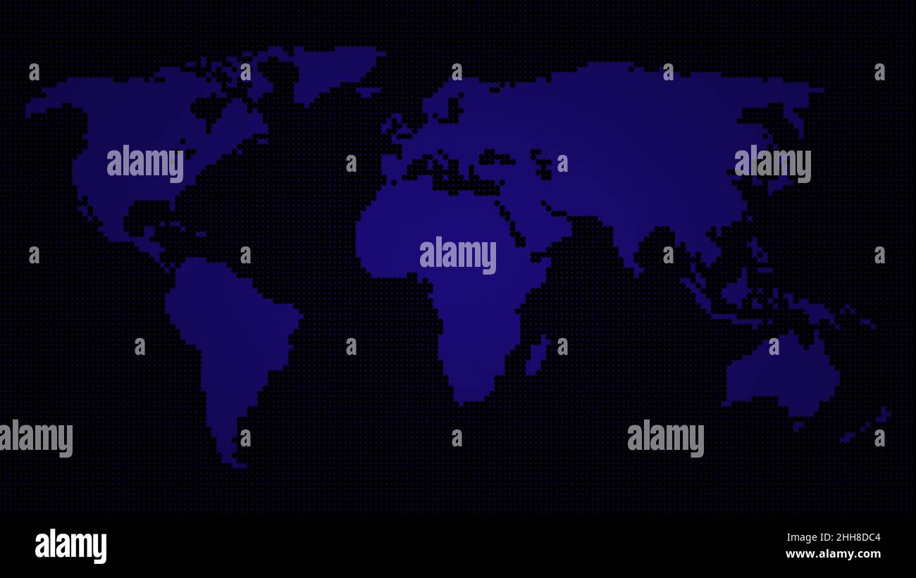 Carte du monde bleue sur fond bleu foncé en pointillés. Carte du monde abstraite en résolution 4K. Banque D'Images